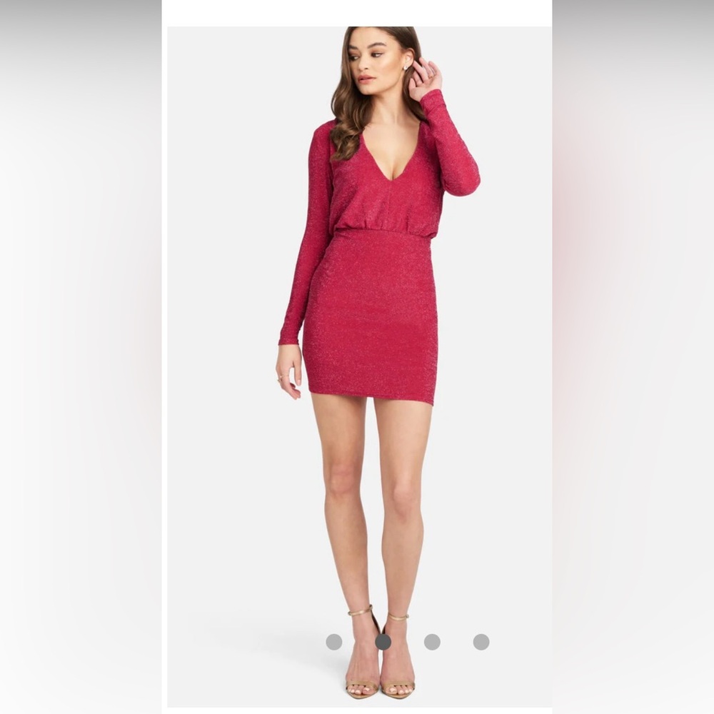 Bebe Red Long Sleeve V-Neck Bodycon Dress